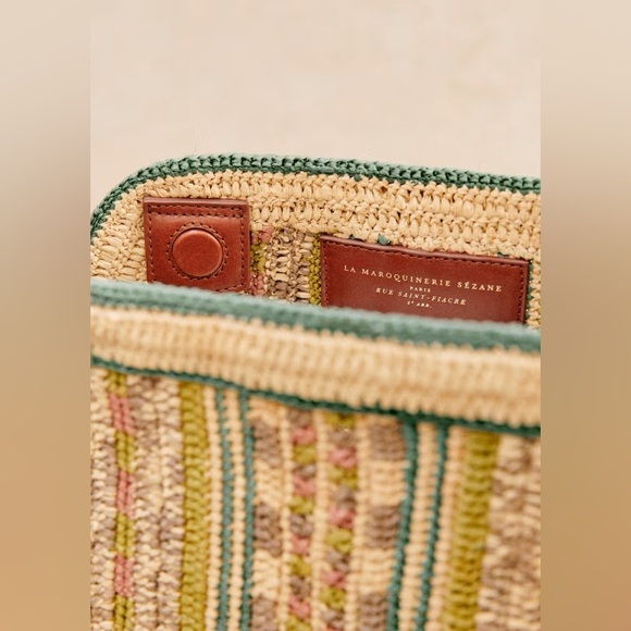 Sezane Carla Pouch Clutch Hand Bag Woven raffia evening stripe green tan pink - Picture 9 of 12